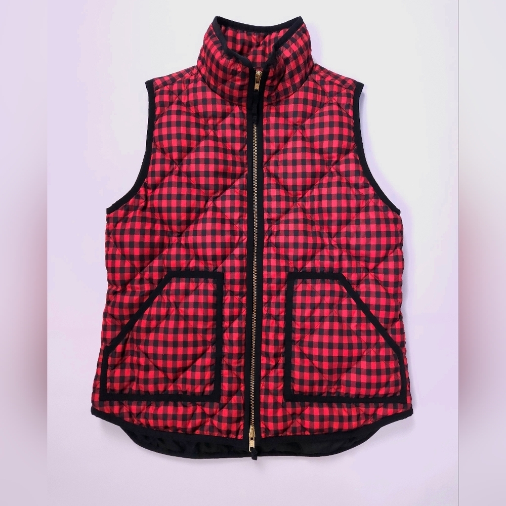 J.CREW Down Puffer Vest Womens S Black Red Gingham Printed Quilted Full Zip